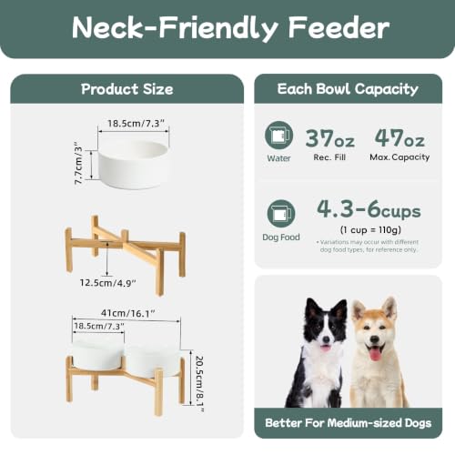 Havniva Dog Bowls Elevated, Ceramic Dog Food and Water Bowl Set | 7.3” Raised Dog Food Bowl, Elevated Dog Bowls with Bamboo Stand, Non-Slip Dog Water Bowl for Medium Dog, Large Capacity - color: Matte White, size: 7.3" - 2 Bowls+Stand