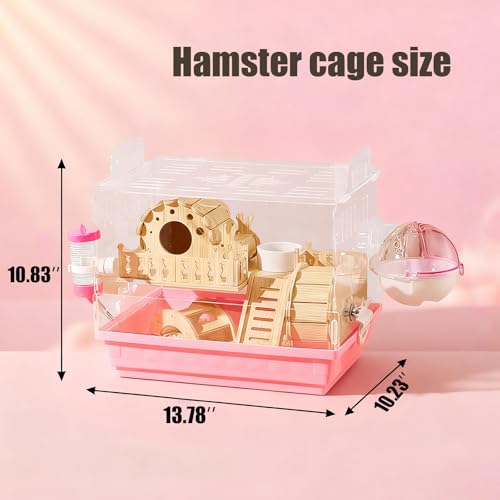 Acrylic Hamster Cage,Small Animal Houses&Habitats with Accessories,Hamster Enclosure with Stairs,Clear Pet Mice House,for Dwarf Gerbil,Dwarf Hamster,Pet Mice(Pink,13.78" L*10.23" W*10.83" H) - color: Pink