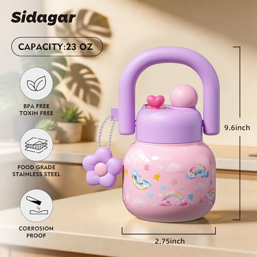 22 oz Tote Insulated Water Bottle with Handle, Leakproof, Rainbow | Cute design with durable 316L stainless steel, dual sip, keeps drinks hot or cold longer, travel and everyday hydration - color: Rainbow