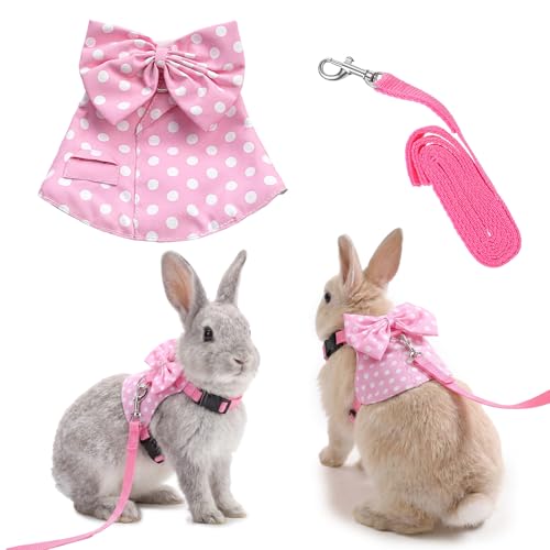 Gjinxi Adjustable Bunny Rabbit Harness Leash Set Comfort No Pulling Vest | Cute Mesh Harness Stuff with Bow, Escape Proof, Accessories, for Small Pets, Kittens, Guinea Pig, Baby Ferret, Rats, Hamster