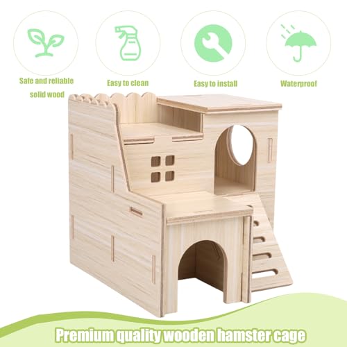 Penitue Wooden Hamster Hideout House with Ladder, Double-Decker Hamster Maze Wood Hut Detachable Small Animal Cage Habitat for Dwarf Hamsters Gerbils Mice Rats (Not for Large Pets)
