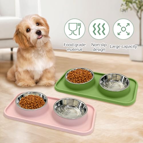 BNOSDM 2 Pcs Double Dog Food Bowls Stainless Steel Small Dog Food and Water Bowls with Non-Spill Plastic Mat Pet Cat Feeder Dish Set for Puppy Cats Kitten (Pink and Drak Green) - color: Pink+Drak Green