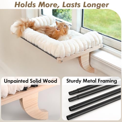 Cloud-Soft Cat Window Sill Perch with Zipper Designed Cushioned Bed, Supportive Cat Window Seat with Premium Solid Wood & Sturdy Metal Frame, Pet Hammock Bed for Large Cats (Medium, White) - color: White, size: Medium(21.7''x15'')