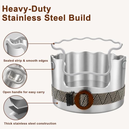 Round Stainless Steel Cat Litter Box High Sided, Large Metal Litter Box with Fashion Woven Belt, Easy Access & Turning Litter Pan for Medium & Senior Cats, Kittens, Odor Control, Easy to Clean