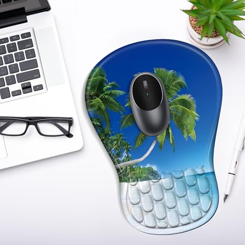 YIWEI Ergonomic Mouse Pad with Wrist Rest for Carpal Tunnel Pain Relief | Memory Foam Wrist Support,Non-Slip Rubber Base, Keyboard Computer Mousepad,Lycra Cloth Surface,Gaming Home Office - color: Beach-3