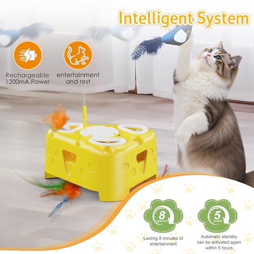 Automatic Cheese-Shaped Interactive Cat Toy – Flying Bird, 6-Hole Mole & Rotating Feather | USB Rechargeable Electronic Feather Toy for Indoor Adult Cats & Kittens, Relieves Boredom | Cheese-shaped non-slip base, 3 play modes, USB-C rechargeable 1200mAh b