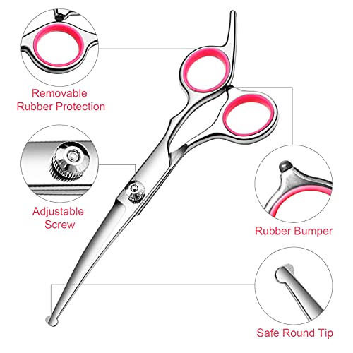 Dog Grooming Scissors Kit, Premium Stainless Steel Dog Shears with Curved Shears, Sharp Durable for Dogs Cats+Pink 3 Piece - color: Pink 3 Piece