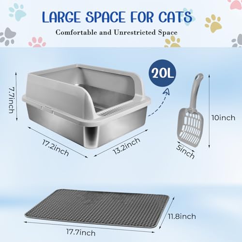 2 Pack Stainless Steel Cat Litter Box with Lid, High Wall Kitty Litter Box for Small Cats, Metal Kitty Litter Box, Non-Sticky, Anti-Leakage, Easy Cleaning, Include Cat Mat and Scoop, 17.2"x13.2"x7.7" - color: 2 Pack Grey