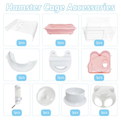 PINVNBY Dwarf Hamster Cage, Small Animal Cages, 2-Tier Travel Portable Mouse Cage Hamster Carrier with Castle House Running Exercise Wheels, Water Bottle and Food Dish（Pink） - color: Pink, size: L: 13.78x10.23x11.02in