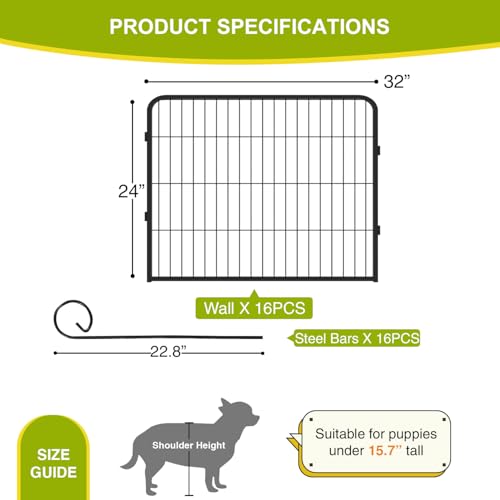 BestPet Dog Playpen 24 Inch 16 Panels Heavy Duty Metal Pet Exercise Pen Indoor Outdoor Fence Panels Anti-Skid Expandable Design - style: 16 panels-without door