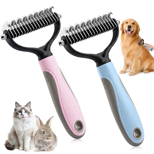 2Pcs Pet Knotter for Dogs/Cats, Double Sided Pet Grooming Brush,Undercoat Rake Pets Brush for Long Hair Professional Deshedding Tool, Pets Hair Remover Shedding(Blue+Pink, Large)