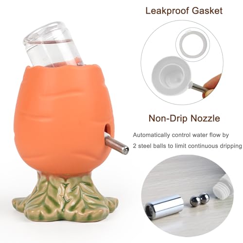 80ML No Drip Ceramic Hamster Water Bottle for Glass Tank, Stable | Cute Carrot Shape Chew Proof Ceramic Water Dispenser, Heavy Duty Stand Holder for Syrian Dwarf Hamster, Mice, Rat - color: Orange