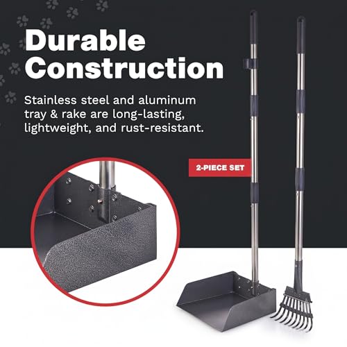 Metal Pooper Scooper for Dogs with Heavy Duty Long Handle Rake & XL Tray | Rustproof Aluminum Poop Scooper for Large Dogs, 36+" Handles and 9”W 9.5”L Extra Large Tray for Yard, Grass, Dirt & Gravel - color: 2 Piece Set - X Large- Silver