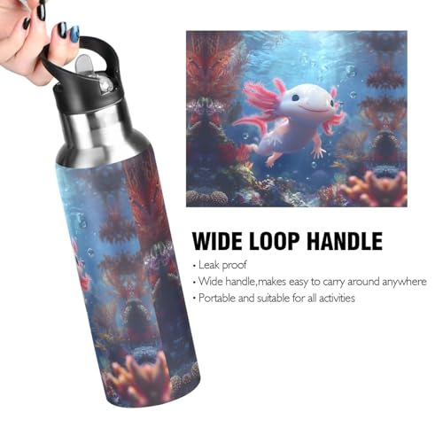 Adorable Ocean Animal Axolotl Water Bottle Kids Insulated Sports Vacuum Stainless Steel Mug with Straw Lid & Handle 20 oz - color: D07