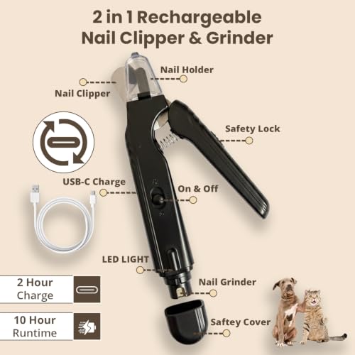 2-in-1 Dog & Cat Nail Clipper and Grinder with Light - USB Rechargeable Pet Nail Trimmer with Safety Guard for Thick Nails, Quiet Professional Grooming Tool - color: black