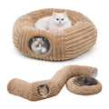 Dogpals Cat Tunnel Bed Cave 33" Lx10 Wx10 H for Indoor Cats(Khaki) | Washable Cozy Cushion, Soft Striped Plush Fabric, Hideaway Peekaboo Cave for Kittens, Puppies, Rabbits & Small Pets - color: Khaki