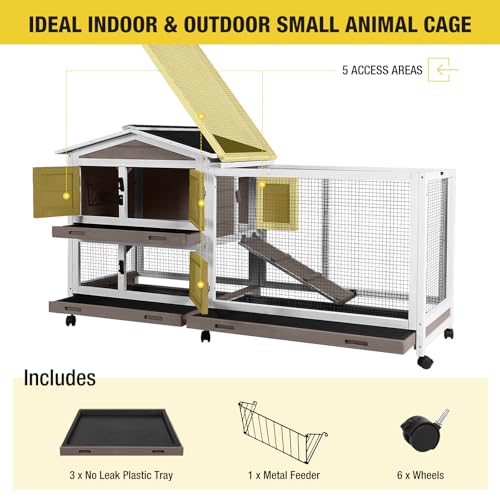 Aivituvin Rabbit Hutch 62" Rabbit Cage Indoor Outdoor Chicken Coop Guinea Pig Cage on Wheels Bunny Cage with 3 Deep No Leakage Pull Out Tray,Waterproof Roof (Brown) - color: Brown