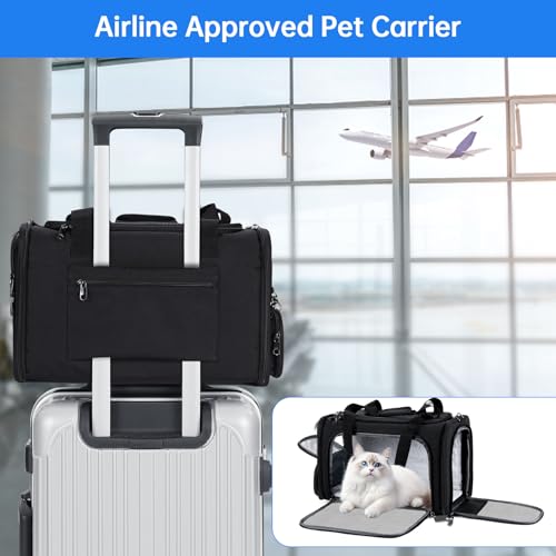 Cat Carrier Pet Travel Carrier by Airplane Approved Under Seat, TSA Airline Approved Soft-Sided Carrier Bag for Cats, Dogs, 17.5 x 8.5 x 11 Inches, Black - color: Black