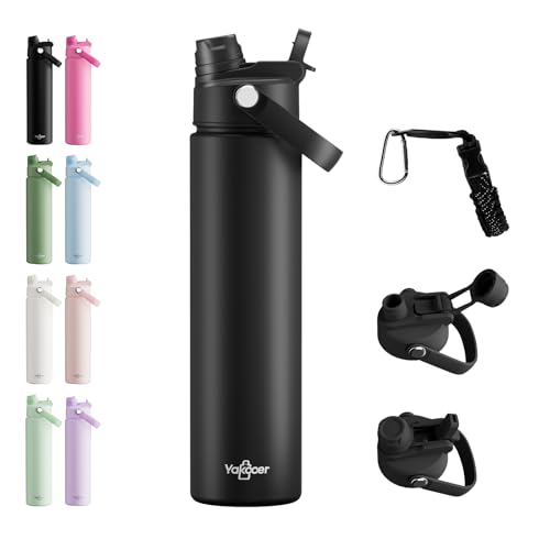 26oz Insulated Water Bottle with 2-in-1 Straw & Spout Lid,Black | 18/8 Stainless Steel Vacuum Flask, Keeps Cold 24H. Leakproof Sports Tumbler with Braided Carry Strap for Gym & Travel - color: Black, size: 26 Ounces