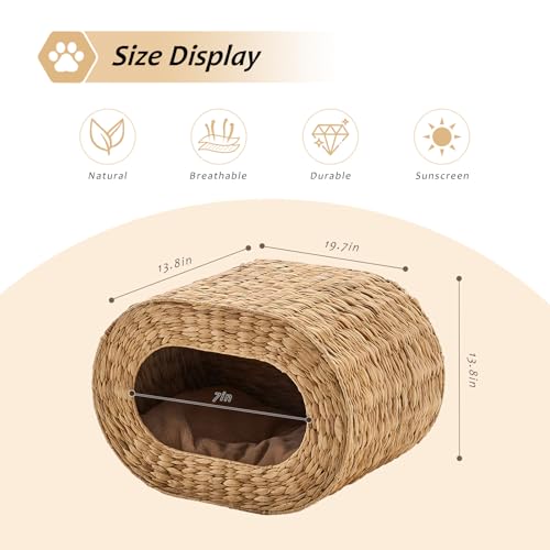 Cat House,Handwoven Cat Cave Pet Cube, Natural Cat Beds Indoor Kitten House with Double-Sided Soft Cushions, Pet Cat House for Multiple Cats, for Living Room Bedroom - color: Water Hyacinth