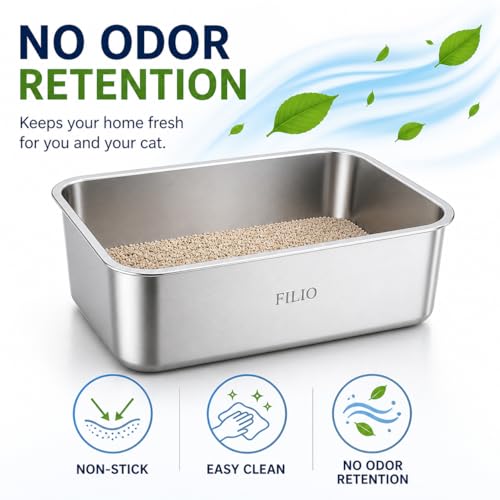 Stainless Steel Litter Box for Cats, 23.6" x 15.74" x 5.9", Metal Cat Litter Box with High Sides, Non-Stick, Odor Free, Easy to Clean Litter Pan for Indoor Cats, Big Cats, Rabbits and Multi Cat Homes - size: Medium
