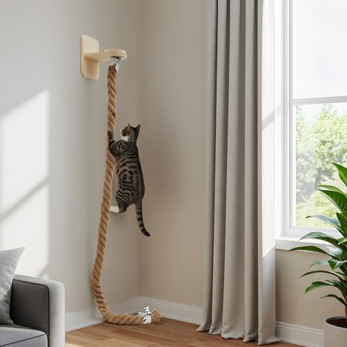 Weysat 2" x 4.92 ft Cat Climbing Rope with 2 Jumping Platform Wall Mounted Thick Jute Cat Scratching Post Furniture Wall Climbing System for Kittens & Large Cats(Wood,Regular) - color: Wood, style: Classic