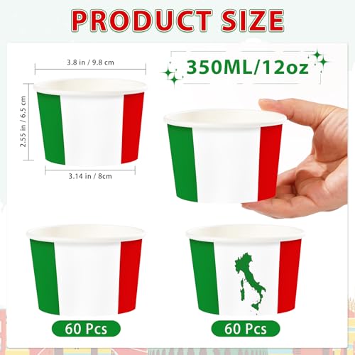 120 Pcs Italian Flag Ice Cream Cups 12 oz Disposable Italy Flag Paper Dessert Snack Soup Bowls Red White and Green Food Yogurt Cup Containers for Pizza BBQ Birthday Picnic Gathering Party Supplies - style: Italy Style Cups