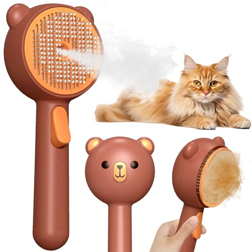 Cat Steam Brush with 2 Spray Levels & Release Button 4-in-1 Cat Water Brush | for Shedding Grooming, Pet Hair Removal Comb for Long Short Haired Cats Dogs, IPX7 Waterproof Self Cleaning Slicker Brush - color: Brown with Handle