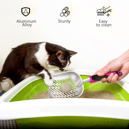 Cat Litter Scoop-Metal Cat Scooper-Long Handle Scoop,Cat Scooper-Poop Sifting-Mesh Shovel-Suitable for Cat Litter Box, (Rose Red)-Christmas - color: Rose Red, size: L