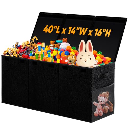 Large Toy Storage Box with Lid, Dividers, Collapsible Kids Toy Chest, Black | Toy Box for Boys, Girls, Nursery, Bedroom, Living Room, Playroom, 40X14X16 inches - color: Extra Large Black