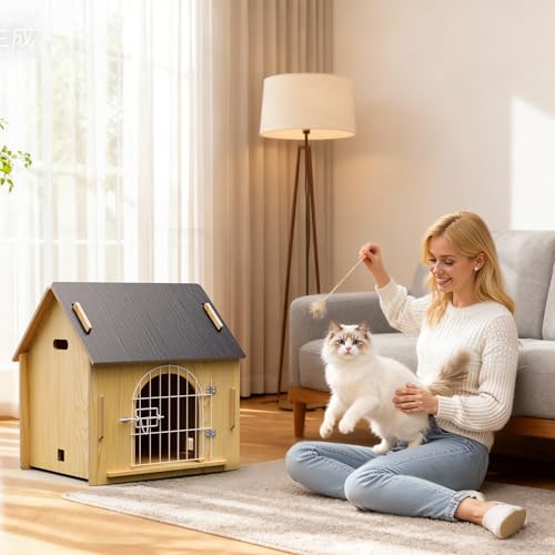 Indoor Dog House, Cozy Wooden Design with Ventilation and Raised Base, Small Bed House with Door Lock Suitable for Small Dogs or Cats, Gray, 20"x 15.75"x 20.5"