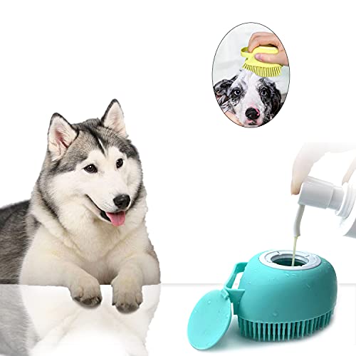 Pet Grooming Bath Massage Brush with Soap and Shampoo Dispenser Soft Silicone Bristle for Long Short Haired Dogs Cats Shower (Blue) - color: Blue