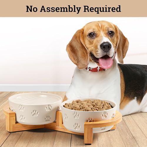 Ceramic Dog Bowl Set of 2, Anti-Skid Bamboo Stand, Elevated, 3.8 Cups Each | Thick Ceramic Food and Water Bowls Set of 2, Dishwasher Safe, Anti-Skid Rubber Base, 3.8 Cups per Bowl, Sturdy Bamboo Stand - color: White with Stand, size: Medium