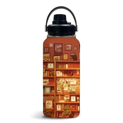 Book Lovers 32oz Water Bottle, Leak-proof Bottle, Insulated Cup | 32oz Insulated Tumbler, with Handle & Lid Reusable Coffee Mug, Christmas Birthday Gift for Book Lovers Readers - color: Bookshelf Red1