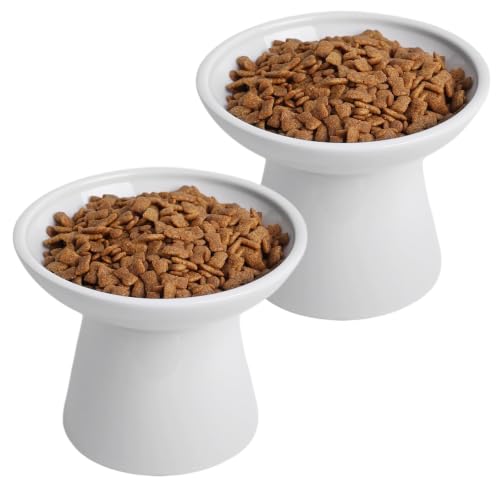 Ceramic Elevated Cat Bowls - 6.2 Inch Extra Wide Raised Cat Food and Water Bowl Set for Indoor Cats, Whisker-Friendly Ceramic Cat Dish for Elder Big Cats & Small Dogs,White,2 Pack - color: White, size: 2 Pack