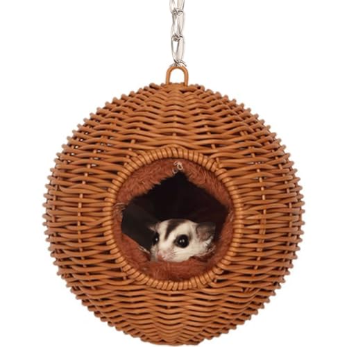 Sugar Glider Woven Spherical Nest for All Seasons Small Animal Bed Nest Hanging Hammock Bed Comfortable Fit Squirrel Sugar Glider Gerbil Rat Hamster Bird Parrot (Brown) - color: Brown