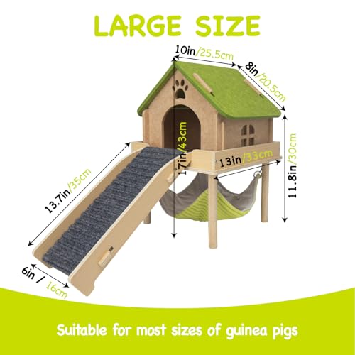 BESNEW 3 in 1 Enlarged Guinea Pig Hammock,Wooden Guinea Pig Hideout with House & Platform & Stairs Small Animal Toys for Hiding Sleeping Activities - color: Matcha Brown