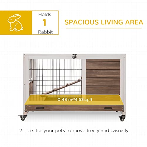 PawHut Wooden Rabbit Hutch Indoor Outdoor, Elevated Bunny Cage with No Leak Tray Enclosed Run with Wheels, Ideal for Guinea Pigs and Small Animals, Brown | No Leak Tray Enclosed Run with Wheels, for Rabbits, Chickens, Ducks, Guinea Pigs and Small Animals