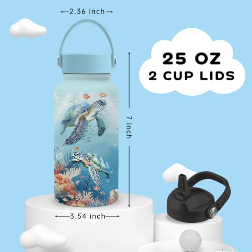 25oz Turtle Water Bottle with Straw Lid & Direct-drink Lid - Sea Turtle Stainless Steel Water Bottles, BPA-free Leakproof Under the Sea Sports Waters Bottle for Office Travel, Gifts Cup for Sea Lover - color: Turtle