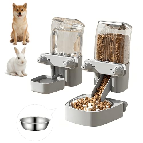 2-Pack Cage-Style Large Capacity Hanging Automatic Pet Feeder & Water Dispenser 50oz/1500ml,for Cages 0.98" Max Inner,1.77"-2.56" Outer,for Small/Medium Dogs, Cats, Rabbits & Guinea Pigs - color: Grey