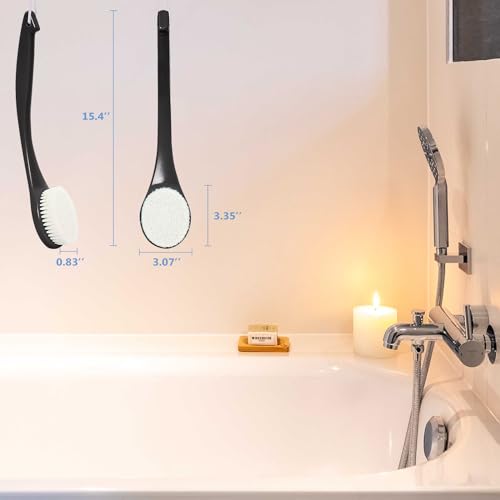 Exfoliating Shower Brush Bath Body Brush, Never Mold 15" Back Brush Long Handle for Shower, Dry Brushing Body Brush or Wet Brush with Moderate Bristle, Black