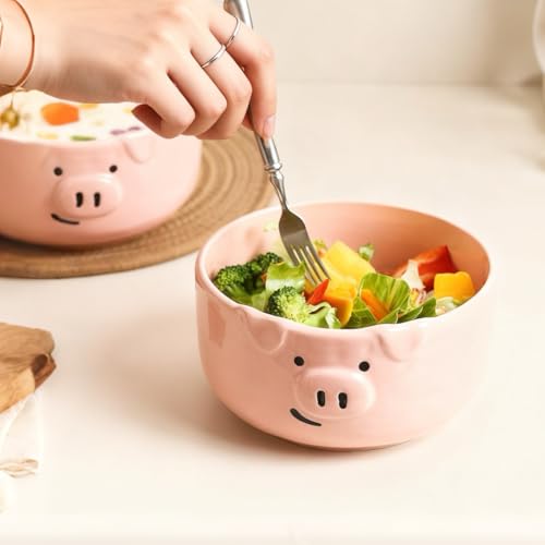 Pig Shaped Ceramic Bowl Set, Pink, 2-Piece | 40 oz Capacity, 6.4 Inch Size, Ramen, Soup, Salad, Cereal and Pasta - size: 40 oz