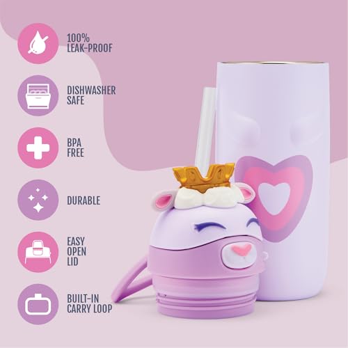 Ello Ellies 12oz Stainless Steel Leakproof Kids Water Bottle, Lamb Princess | Insulated kids water bottle with straw, leakproof locking lid, carry handle, and stainless steel fun animal design for school - color: Lamb Princess, size: 12 Ounces