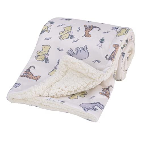 Disney Classic Pooh Naturally Friends Ivory and Taupe Piglet, Eeyore, and Tigger Super Soft Sherpa Baby Blanket - color: Pooh Naturally Friends