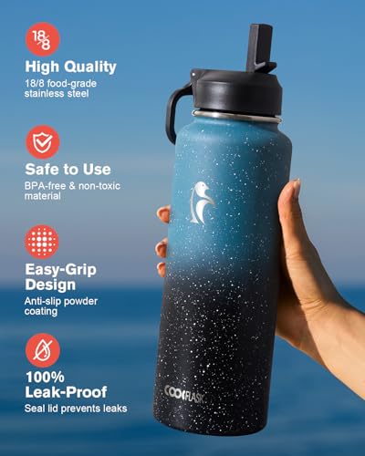 Coolflask 40 oz Water Bottle Insulated with Straw & 3 Leakproof Lids | Water Flask Stainless Steel Triple-Wall Vacuum,Cold 48+h,Dishwasher Safe,Wide Mouth, BPA-Free,Carrier Bag,for Gym,Hiking - color: Turquoise, size: 40 Ounces