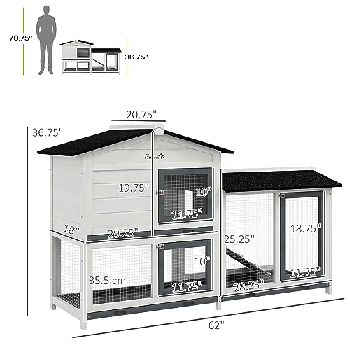 PawHut 62" Rabbit Hutch with Run Area for Rabbits, Chickens, White | Wooden Bunny Hutch, Guinea Pig Cage, Small Animal Enclosure, Removable Tray, Asphalt Roof, Lockable Doors, Ramp for Ducks - color: White