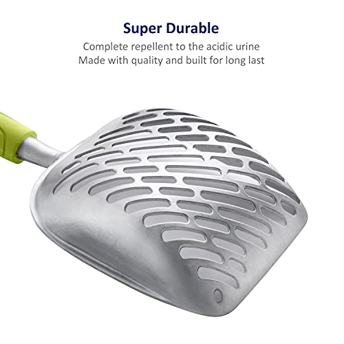 Cat Litter Scoop, Aluminum Alloy Sifter, Kitty Metal Scooper, Deep Shovel with Diagonal Sifting Hole, Long Handle, Kitten Poop Lifter for Litter Box, Large Size, Green Handle - color: #03 Green, size: Large