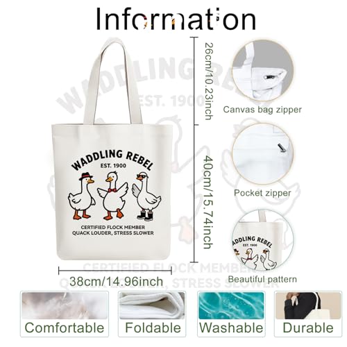 ANATTASOUL Canvas Tote Bag Reusable Cotton Bag for Women, Large 14.96"x 15.74" Cloth Shoulder Bags with Zipper Pockets - style: Goose With Sunglasses