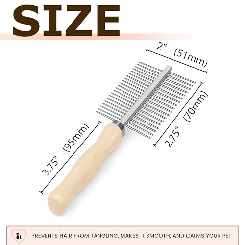 Double Row Undercoat Rake for Dogs & Cats - Wooden Handle Metal Dog Comb, Pet Grooming Dog Rake for Deshedding & Detangling - size: Grooming Comb