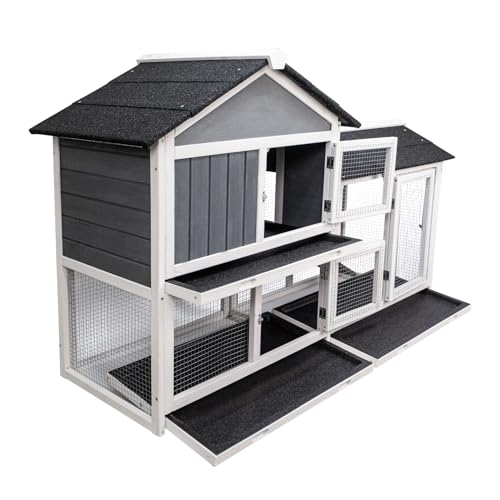 Lifeand Upgraded 61''L Deluxe Multi-Level Rabbit Hutch with Pull Out Tray, Ramp, Lockable Doors,Wooden Small Animal House,Outdoor or Indoor,Gray+White (Gray+White)
